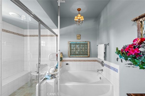 Bathroom, Chandelier, Glass Shower, Interior, Recessed Lighting