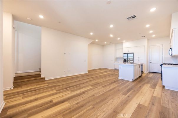 Empty room, Interior, Kitchen, Recessed Lighting, Wood Texture Flooring