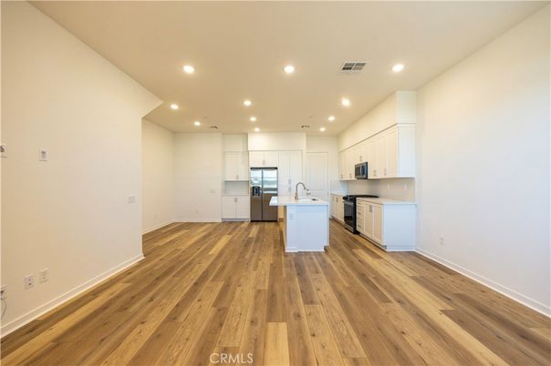 Empty room, Interior, Kitchen, Recessed Lighting, Wood Texture Flooring