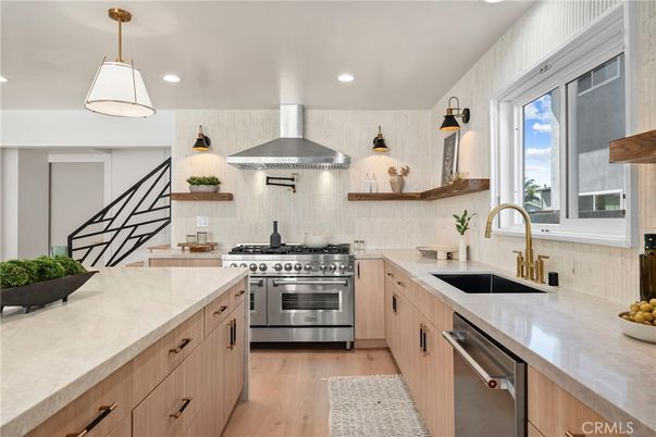 Interior, Kitchen, Pendant Lights, Recessed Lighting, Stainless Steel Appliances, Wood Texture Flooring