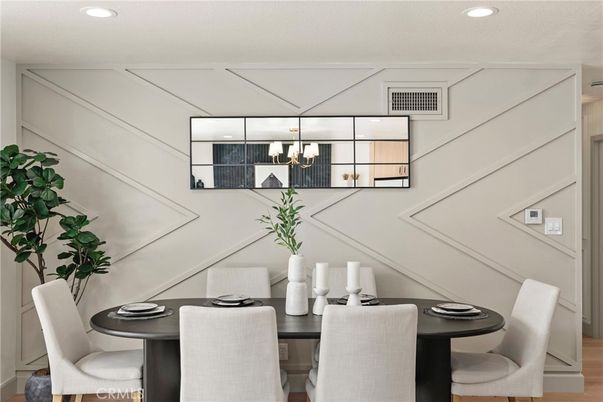 Dining room, Interior, Recessed Lighting, Wood Texture Flooring