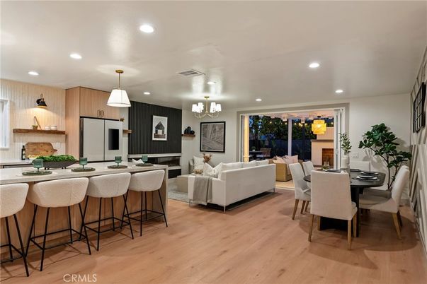 Chandelier, Dining room, Fireplace, Interior, Kitchen, Living room, Pendant Lights, Recessed Lighting, Wood Texture Flooring