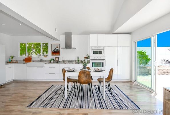Dining room, Interior, Kitchen, Recessed Lighting, Stainless Steel Appliances, Wood Texture Flooring