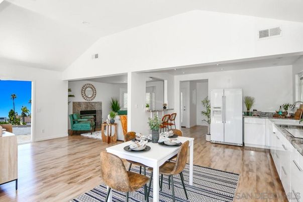 Dining room, Fireplace, Interior, Kitchen, Wood Texture Flooring