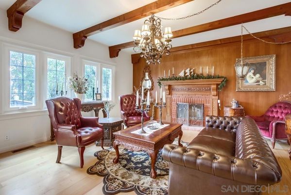 Chandelier, Fireplace, Interior, Living room, Wooden Beams, Wood Texture Flooring, Wooden Walls
