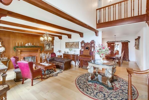 Chandelier, Fireplace, Interior, Living room, Piano, Wooden Beams, Wood Texture Flooring