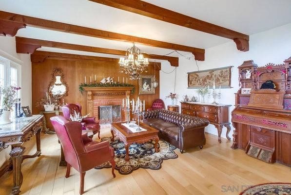 Chandelier, Fireplace, Interior, Living room, Piano, Wooden Beams, Wood Texture Flooring, Wooden Walls