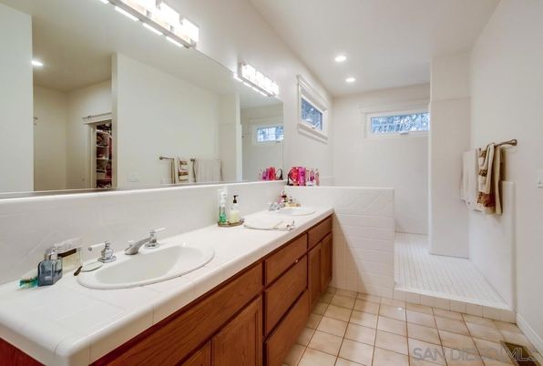 Bathroom, Dual Sink Vanities, Interior, Recessed Lighting, Tile Countertops