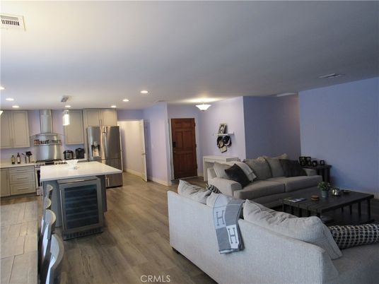 Interior, Kitchen, Living room, Recessed Lighting, Stainless Steel Appliances, Wood Texture Flooring