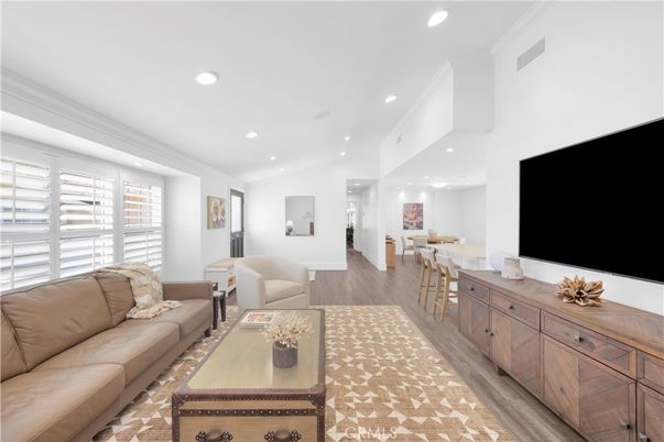Dining room, Interior, Living room, Recessed Lighting, Wood Texture Flooring