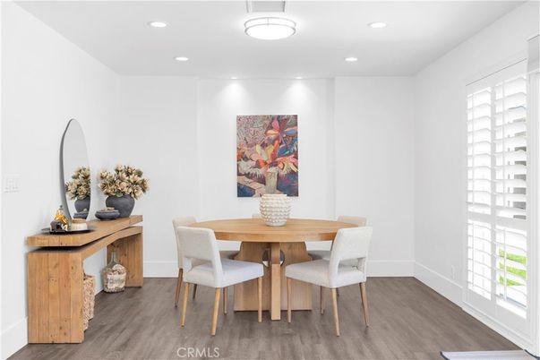 Dining room, Interior, Recessed Lighting, Wood Texture Flooring