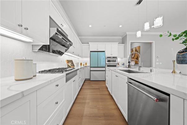 Interior, Kitchen, Pendant Lights, Recessed Lighting, Stainless Steel Appliances, Wood Texture Flooring