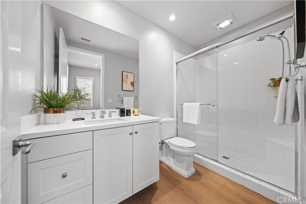 Bathroom, Glass Shower, Interior, Recessed Lighting, Wood Texture Flooring