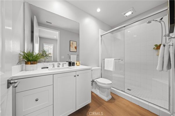 Bathroom, Glass Shower, Interior, Recessed Lighting, Wood Texture Flooring