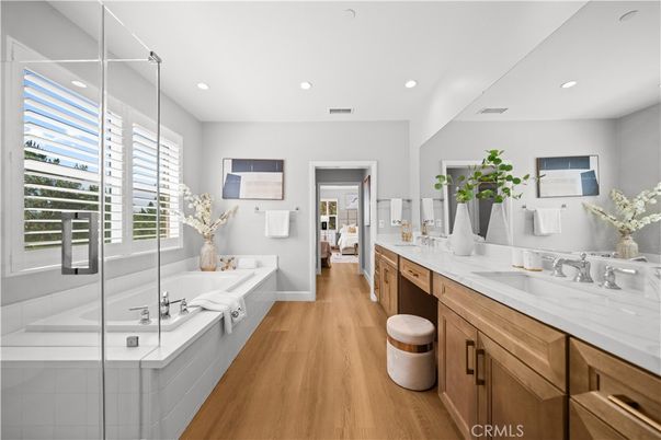Bathroom, Glass Shower, Interior, Recessed Lighting, Wood Texture Flooring