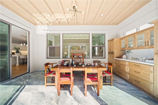 Dining room, Interior, Recessed Lighting, Wood Texture Flooring