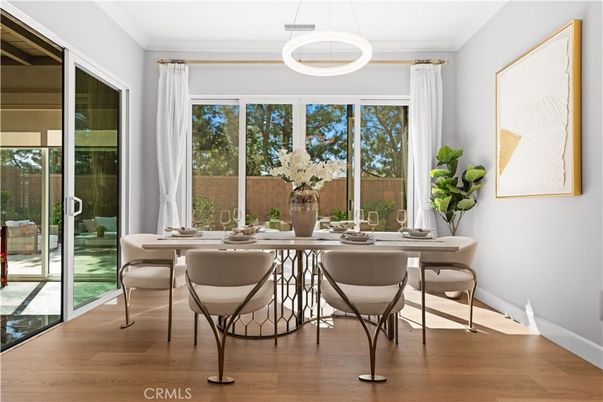 Dining room, Interior, Pendant Lights, Wood Texture Flooring