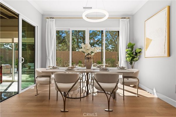 Dining room, Interior, Pendant Lights, Wood Texture Flooring