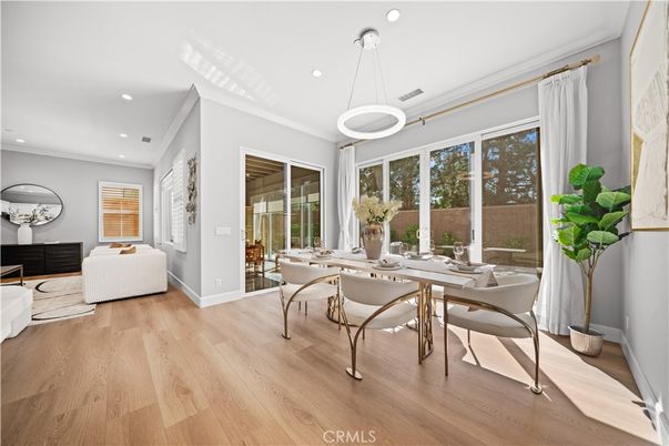 Dining room, Interior, Pendant Lights, Recessed Lighting, Wood Texture Flooring