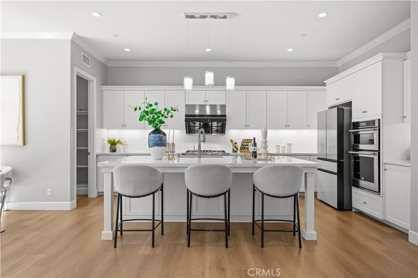 Interior, Kitchen, Pendant Lights, Recessed Lighting, Stainless Steel Appliances, Wood Texture Flooring