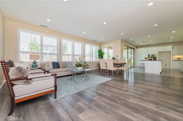 Dining room, Interior, Kitchen, Living room, Recessed Lighting, Wood Texture Flooring