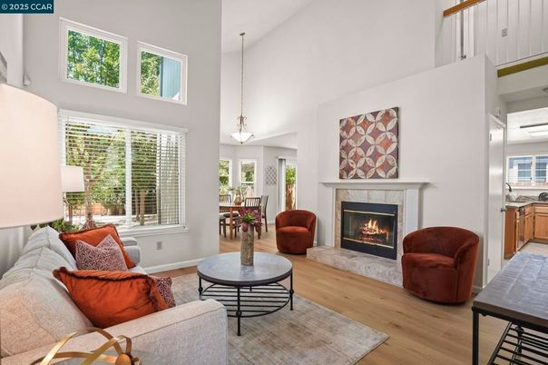 Fireplace, Interior, Living room, Pendant Lights, Wood Texture Flooring