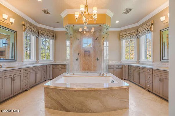 Bathroom, Chandelier, Dual Sink Vanities, Glass Shower, Interior, Recessed Lighting