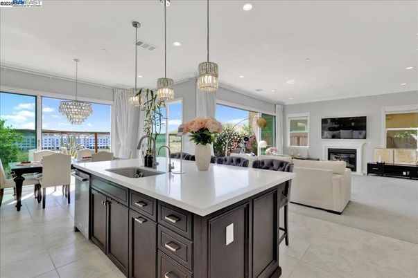 Chandelier, Dining room, Fireplace, Interior, Kitchen, Living room, Pendant Lights, Recessed Lighting, Water