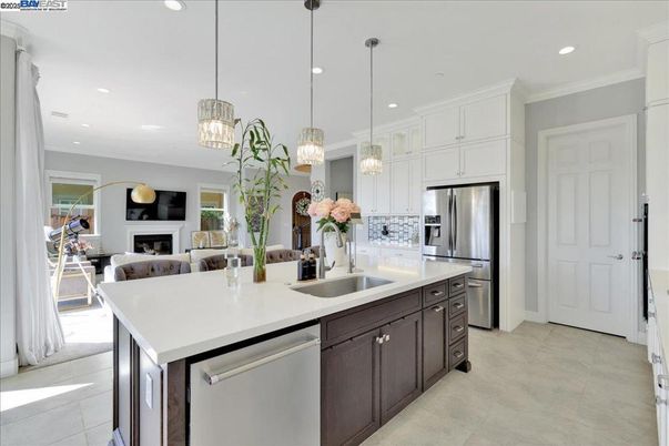 Fireplace, Interior, Kitchen, Pendant Lights, Recessed Lighting, Stainless Steel Appliances
