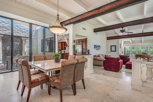 Dining room, Interior, Kitchen, Living room, Pendant Lights, Wooden Beams
