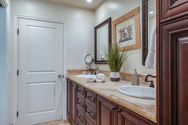 Bathroom, Dual Sink Vanities, Interior, Recessed Lighting, Tile Countertops