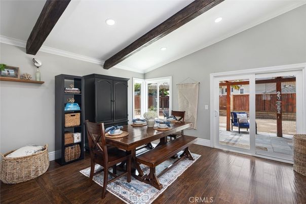 Dining room, Interior, Recessed Lighting, Wooden Beams, Wood Texture Flooring