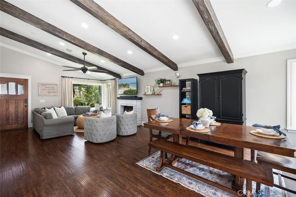 Dining room, Fireplace, Interior, Living room, Recessed Lighting, Wooden Beams, Wood Texture Flooring