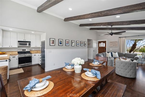 Dining room, Interior, Kitchen, Living room, Recessed Lighting, Stainless Steel Appliances, Wooden Beams, Wood Texture Flooring