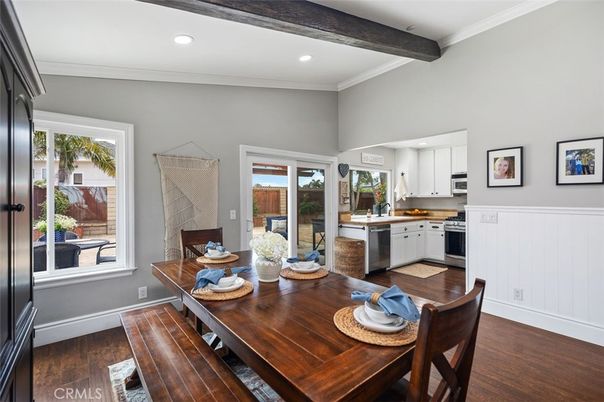 Dining room, Interior, Kitchen, Recessed Lighting, Stainless Steel Appliances, Wooden Beams, Wood Texture Flooring