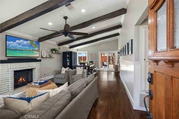 Dining room, Fireplace, Interior, Living room, Recessed Lighting, Wooden Beams, Wood Texture Flooring