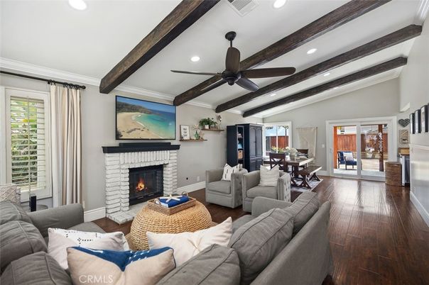 Dining room, Fireplace, Interior, Living room, Recessed Lighting, Wooden Beams, Wood Texture Flooring