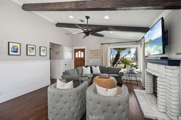 Fireplace, Interior, Living room, Recessed Lighting, Wooden Beams, Wood Texture Flooring