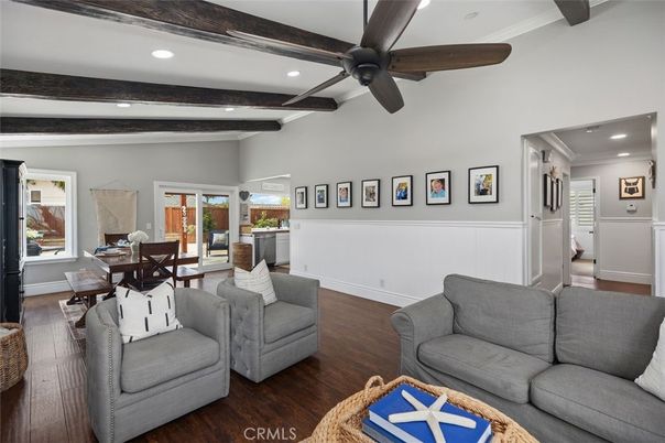 Dining room, Interior, Living room, Recessed Lighting, Wooden Beams, Wood Texture Flooring