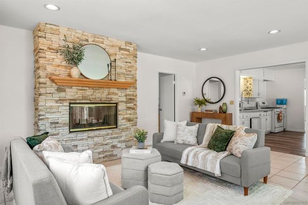 Fireplace, Interior, Kitchen, Living room, Recessed Lighting, Stone Walls