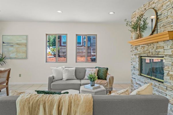 Fireplace, Interior, Living room, Recessed Lighting, Stone Walls