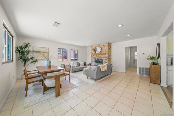 Dining room, Fireplace, Interior, Living room, Recessed Lighting