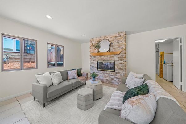 Fireplace, Interior, Living room, Recessed Lighting, Stone Walls