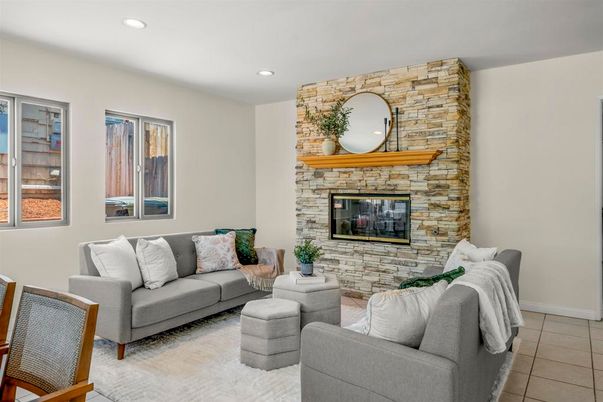 Fireplace, Interior, Living room, Recessed Lighting, Stone Walls