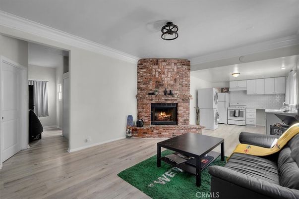 Fireplace, Interior, Kitchen, Living room, Stone Walls, Wood Texture Flooring