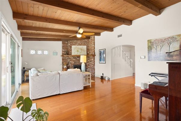 Fireplace, Interior, Living room, Piano, Stone Walls, Wooden Beams, Wooden Ceilings, Wood Texture Flooring