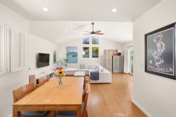 Dining room, Interior, Living room, Recessed Lighting, Wood Texture Flooring