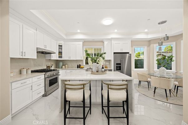 Dining room, Interior, Kitchen, Marble, Pendant Lights, Recessed Lighting, Stainless Steel Appliances