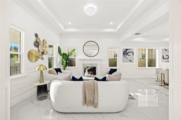 Fireplace, Interior, Living room, Marble, Recessed Lighting