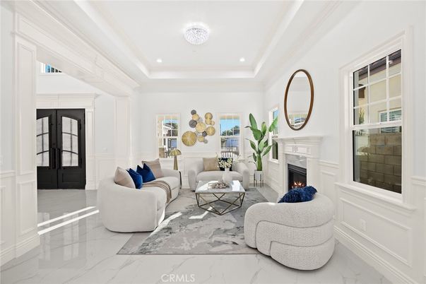 Fireplace, Interior, Living room, Marble, Recessed Lighting